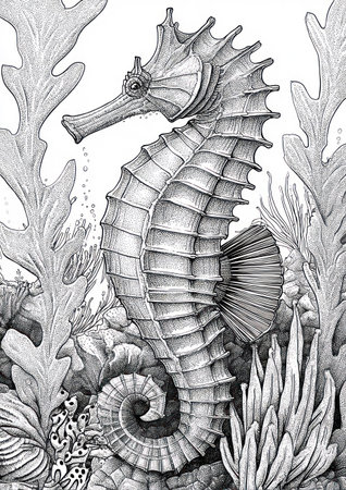 A detailed illustration depicts a seahorse amidst aquatic plants and corals. The artwork utilizes black and white tones creating a high-contrast visual. Fine lines and intricate details enhance the texture and form. This image, with its classic style, could be used for educational materials or artistic designs.の素材