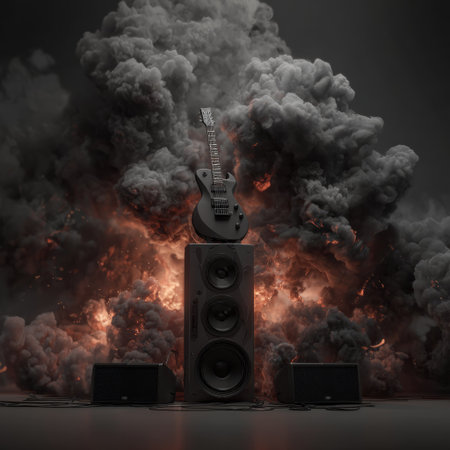 An electric guitar rests atop a speaker stack, framed by a dramatic explosion of smoke and fire. The image presents a digitally rendered scene, showcasing rich textures and contrasting colors. The dynamic composition and stylized lighting suggest potential uses for music, art, or entertainment-related content.の素材