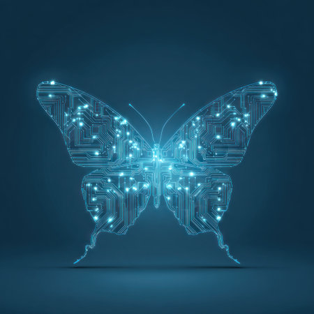 An illustration depicts a butterfly formed by electronic circuits against a dark blue backdrop. The image utilizes neon blue light to highlight the circuitry, creating a futuristic effect. This image has a minimalist style, ideal for uses related to technology, innovation, or design. It provides ample copy space for graphic design needs.の素材