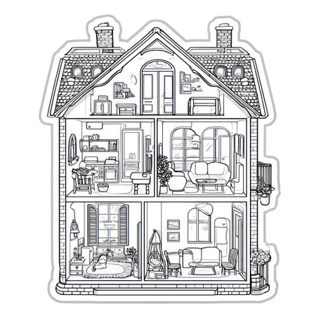 This black and white illustration showcases a house interior, divided into several rooms with furniture and decorative elements. The composition is a detailed cross-section view with a clean outline. This style could be suitable for various design projects, educational materials, or commercial purposes.の素材