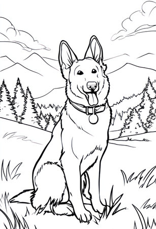 A German shepherd dog is depicted in a black and white line art illustration. The dog sits outdoors with mountains and trees in the background. The detailed drawing uses lines to create the image, with grass in the foreground and a cloudy sky above. This image could be used for educational purposes or design projects.の素材