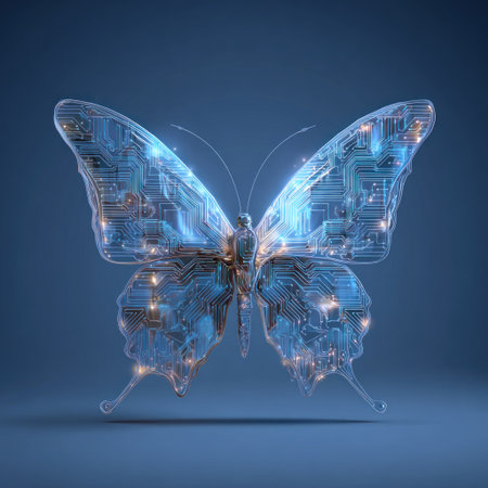 An image showcases a butterfly constructed from a circuit board design, radiating a digital aesthetic. The wings and body are detailed with glowing lines and patterns. The composition exhibits a soft blue color scheme, evoking a sense of technology. Suitable for various creative and conceptual projects, this image can be utilized in both commercial and editorial contexts.の素材