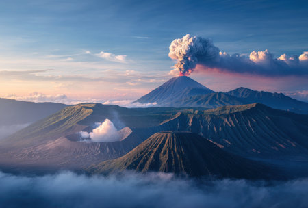 An active volcano spews smoke and ash into the atmosphere, set against a mountainous landscape and a colorful, cloudy sky. The composition emphasizes natural beauty, featuring a combination of textures and tones. It may be suitable for travel, environmental, or scenic themes for a variety of media.の素材