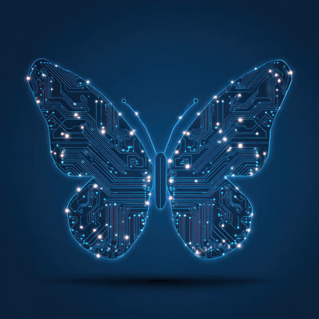 An illustration features a butterfly design created from a circuit board pattern. The image displays a dark blue backdrop with a glowing digital butterfly. It uses a modern illustrative style with a focus on technology. It could be used for various commercial or editorial needs.の素材