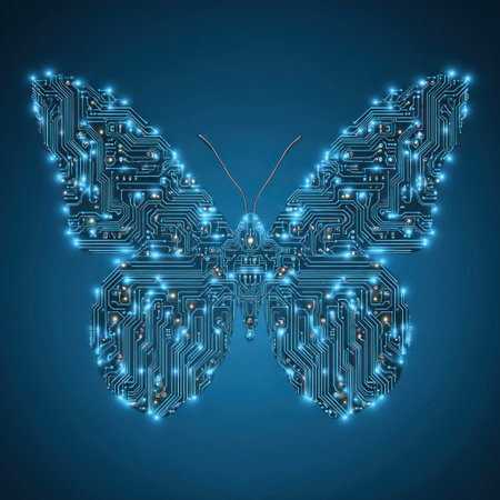 An image showcases a butterfly constructed from intricate circuit board patterns. The artwork displays a cool blue color palette with glowing lights, suggesting a modern, technological aesthetic. This digitally created visual could be suitable for various design projects, including those related to technology or conceptual themes.の素材