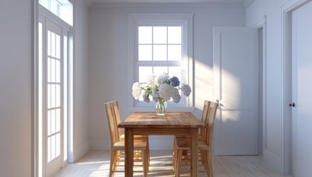 A bright dining room interior features a wooden table and chairs, illuminated by sunlight streaming through a window. A vase of flowers adds a touch of nature. The scene showcases a clean, minimalist style suitable for design and lifestyle publications. Its serene atmosphere suggests a welcoming space for various uses.の素材