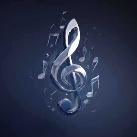A 3D rendering presents a polished treble clef, appearing metallic and refractive. Surrounding notes float in various sizes. The scene utilizes a dark blue background, providing a contrasting backdrop. The visual style and composition are suitable for creative projects, musical presentations, or digital design.の素材