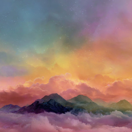 An artistic rendering of mountains and clouds dominates the frame. The scene features a spectrum of colors, including blues, pinks, oranges, and purples, creating a gradient effect. The composition is dreamy, suggesting an open outdoor environment. This image could be suitable for various commercial and editorial applications.の素材