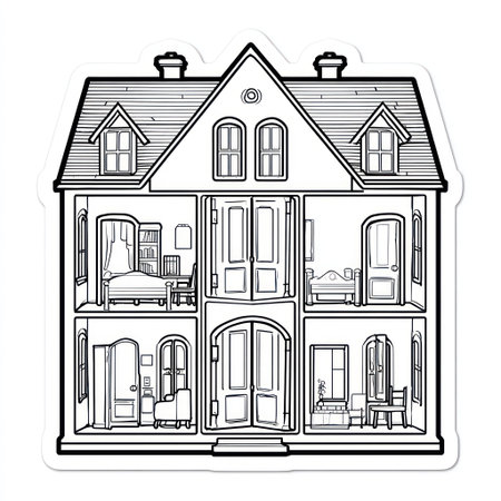 This black and white illustration depicts a detailed dollhouse interior, showcasing multiple rooms with furniture and architectural elements. The linear style creates a sense of depth and structure, with the design emphasizing the internal layout. This image may be suitable for children's books, educational materials, or design projects.の素材