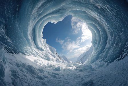 A stunning visual of a tunnel formed by a large ice wave. The image presents a cool color palette dominated by blues and whites. The composition utilizes natural lighting to highlight the texture of the ice. The scene suggests a remote, cold environment, potentially suitable for editorial content or commercial applications.の素材