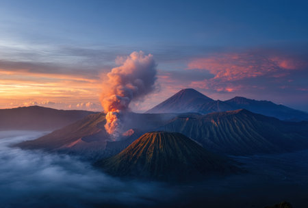 An aerial view presents a volcanic landscape under a colorful sky. The scene features multiple mountain peaks, with visible vapor emitting from a central volcano. The composition includes vibrant colors and textures, suggesting an outdoor environment at dawn or dusk, suitable for editorial and commercial applications.の素材