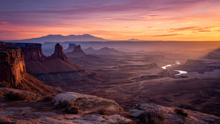 This landscape photograph depicts a canyon under a colorful sunset. The image displays natural rock formations with warm hues of orange and purple. The composition features a wide view with a distant mountain range. This could be used for editorial purposes or to promote travel and natural beauty.の素材