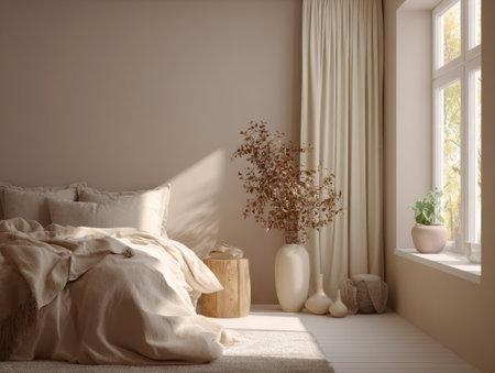 This interior showcases a bedroom with soft neutral tones, creating a serene ambiance. Features include a bed with layered bedding, decorative plants in vases, and a large window. The composition utilizes natural light, suggesting a bright and inviting space suitable for various lifestyle publications or commercial projects.の素材