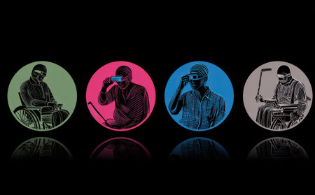 Four individuals are depicted in stylized circular portraits, each representing a person with a disability. They are using assistive devices, each with a different color. The illustration style is graphic, with a clean and minimalistic design. This could be used for editorial content or commercial projects focused on inclusion.の素材