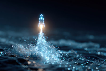 A digital rocket blasts off from a glowing surface creating a visual representation of progress. The composition uses bright colors and a soft focus, with a dark backdrop. This imagery suits various commercial and editorial projects, conveying technological advancement and innovation. The overall style is clean and modern, suitable for digital media.の素材