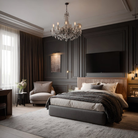 This interior showcases a meticulously designed bedroom with sophisticated decor. Featuring a large bed, armchair, and chandelier, the room is bathed in warm light. The color palette emphasizes neutral tones, creating a calm and inviting atmosphere. Ideal for illustrating concepts of comfort, luxury, and home design.の素材