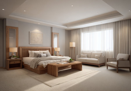 An interior shot showcases a well-lit bedroom featuring a large bed, sofa, and chair. The color scheme is soft and inviting with neutral tones and natural light. The room's composition suggests a modern style with minimal furniture, ideal for use in architectural projects or lifestyle publications.の素材