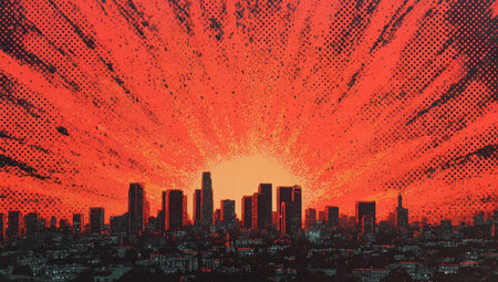 An illustration depicts a city skyline silhouetted against a brilliant red and orange sunset. The image features a stylized aesthetic, with radial beams emanating from the sun's position. The composition suggests an urban setting with potential uses in advertising or design projects.の素材