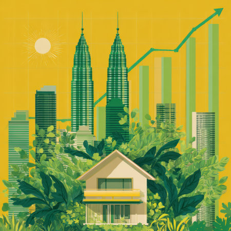 This illustration presents an eco-conscious city vision, featuring a house at the forefront with skyscrapers and an upward trend line. The composition utilizes a vibrant color palette of green and yellow tones. The scene is illuminated by overhead sunlight, suggesting a bright day, possibly for commercial and editorial purposes.の素材