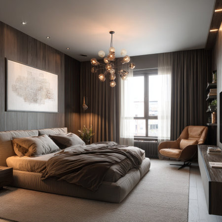 An interior shot showcases a bedroom featuring a large bed with neutral bedding, complemented by a soft carpet and a large window with draped curtains. The space is illuminated by warm, ambient lighting from a chandelier, a side lamp and natural light. It might be used for design inspiration or to illustrate home decor concepts.の素材