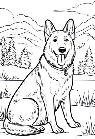 A line art illustration depicts a dog seated in a natural outdoor setting. The image features a grayscale palette with detailed outlines of the dog, vegetation, and mountains in the distance. The style could be used in educational materials or creative projects.の素材