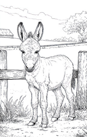 A detailed monochrome illustration depicts a young donkey standing near a wooden fence. The image showcases grayscale tones, highlighting the animal's features and textures, set against a sketched rural landscape. This artwork could be used for various projects, including educational resources or creative designs.の素材