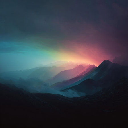 The image showcases a majestic mountain range shrouded in mist, illuminated by a brilliant display of colors in the evening sky. A gradient of blues, teals, pinks, and purples creates a captivating atmospheric effect. The composition suggests an outdoor environment with soft lighting suitable for artistic or commercial applications.の素材