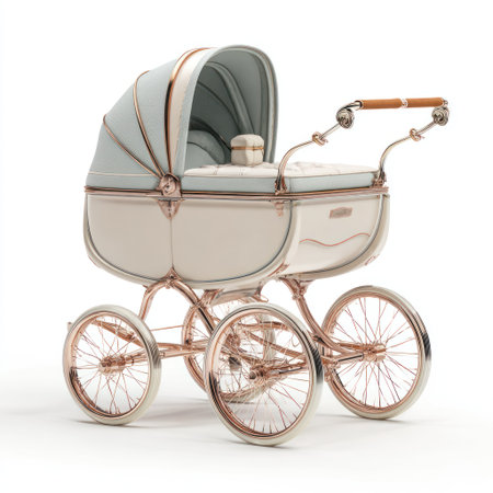 This image features a classic baby carriage rendered in gentle pastel tones. The carriage showcases a detailed design with a focus on curves, gold accents, and a classic silhouette. The composition has a clean, isolated background, highlighting the object. It is suitable for commercial uses such as advertising or editorial content.の素材