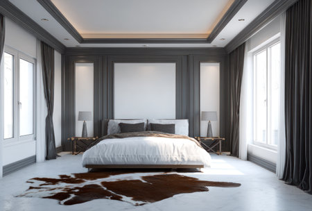 This image showcases a modern bedroom with a focus on interior design. The room features a bed, windows, and decorative elements. Natural light fills the space, creating a bright ambiance. It could be used for various purposes, including interior design projects, lifestyle magazines, or real estate marketing.の素材