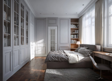A well-lit bedroom showcases a modern interior. The space features a bed, bookshelves, and a desk. Soft light streams through the window illuminating the neutral color palette. This image is suitable for architectural visualization, design portfolios, or general lifestyle publications.の素材