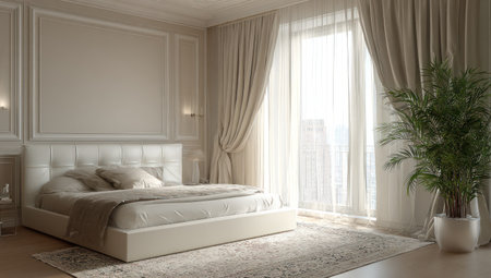 A well-lit bedroom showcases a modern interior design. Featuring a large bed, flowing curtains, and a lush houseplant, the space is bathed in natural light. The room's neutral color palette and simple decor provide a serene atmosphere. Suitable for use in lifestyle or interior design-related projects.の素材