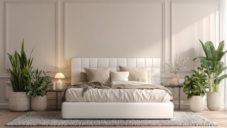 This image showcases a modern bedroom with a focus on tranquility and comfort. Featuring a large bed with neutral-toned bedding, the scene is complemented by potted plants and soft lighting. The walls and decor are minimalist, creating a peaceful and inviting atmosphere suitable for various interior design projects or lifestyle themes.の素材