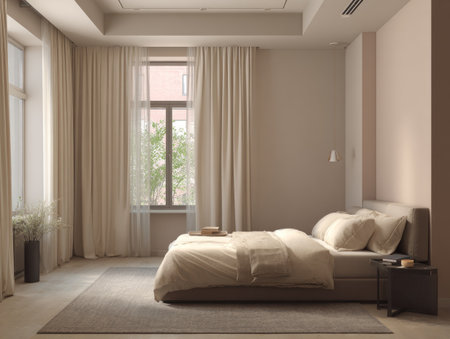 This interior showcases a serene bedroom with a bed, curtains, and a window. The room features a soft color palette of beige and white, complemented by natural light streaming through the window. It evokes a sense of peace and tranquility, perfect for commercial use in home decor or lifestyle publications.の素材
