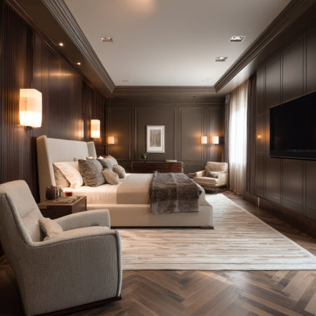 An interior shot showcases a bedroom setting, featuring a bed, chairs, and a patterned rug. The scene is illuminated by warm lighting, highlighting wooden paneling and a neutral color palette. This image is suitable for use in design, lifestyle, and home decor content, offering versatility in commercial and editorial projects.の素材