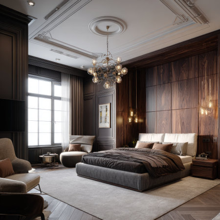 This interior showcases a luxurious bedroom with modern furnishings. The room features dark wood paneling, a large window, and a bed with plush bedding. The lighting, including a chandelier, creates a warm atmosphere. Suitable for use in design, architecture, or lifestyle publications and projects.の素材