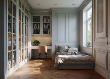 This interior showcases a bedroom with a modern aesthetic, featuring a bed, workspace, and a large bookshelf. Soft lighting and neutral color tones create a serene environment. The scene presents a blend of functionality and style suitable for home decor projects, and editorial purposes.の素材