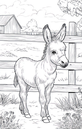 An illustrated donkey stands near a wooden fence, with a simple barn visible in the distance. The artwork uses a black and white color palette, highlighting texture and form. The composition suggests a rural setting, possibly representing farm life. Suitable for various design applications, including educational materials.の素材