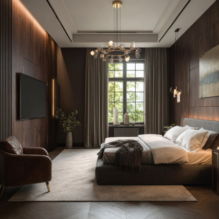 This interior presents a modern bedroom design, showcasing dark wood paneling and a luxurious bed. Soft lighting illuminates the space, complemented by a large window. This image could be used for various commercial applications related to home decor or interior design projects. The style is contemporary, highlighting a blend of comfort and style.の素材