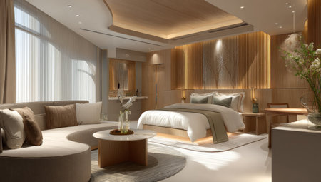This image showcases a modern bedroom design, featuring a comfortable bed, a curved sofa, and a round coffee table. The scene is bathed in natural light filtering through large windows, highlighting warm neutral colors and textures. Suitable for illustrating concepts of interior design, lifestyle, and luxury living in various applications.の素材