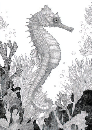 A detailed black and white illustration presents a seahorse gracefully amidst coral and aquatic plant life. The image employs intricate textures, emphasizing form and contrast. The style suggests a pen and ink rendering with detailed line work. It is suitable for various uses, including editorial and design applications where a clean graphic is needed.の素材