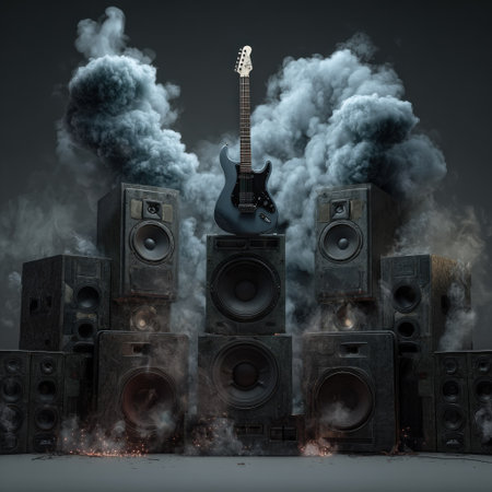 An electric guitar is placed on top of a stack of speakers, surrounded by billowing smoke. The composition features a dark, dramatic aesthetic with muted colors and textured details. The image suggests musical performance or audio-visual projects. The artwork could be used in various commercial applications.の素材