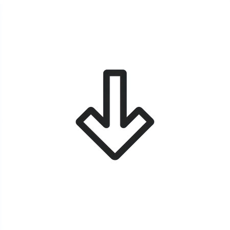 This image presents a simple down arrow icon in a minimalist style. The graphic is displayed against a white background, highlighting its clean lines. It can be utilized in various designs for concepts such as direction, guidance, or indicating downward movement. This image is suitable for commercial and editorial purposes.の素材