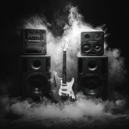 An electric guitar stands centered amidst multiple audio speakers, all shrouded in swirling smoke against a dark background. The monochrome image highlights the textures and shapes of the instruments. Suitable for music-related projects or creative content, the composition conveys a sense of energy and performance.の素材