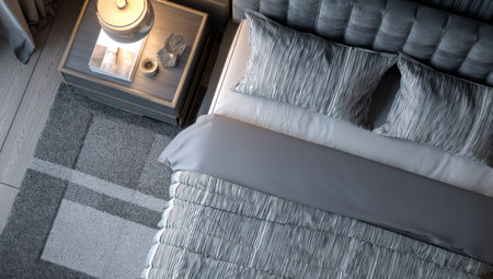 An overhead shot presents a bedroom scene, dominated by a bed with textured linens in various shades of grey. A nightstand holds a lamp and decorative objects. The composition features a neutral color palette, emphasizing the textiles and the lighting. This image could be suitable for lifestyle and interior design applications.の素材
