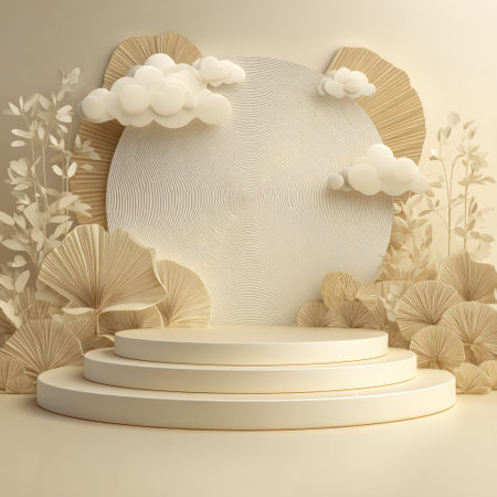 This image features a staged scene with a circular backdrop, a tiered platform, and cloud decorations. The color palette primarily uses neutral tones with beige and white. The composition uses symmetry and offers copy space for commercial purposes. The scene evokes a sense of tranquility and a connection to nature, suitable for various editorial needs.の素材