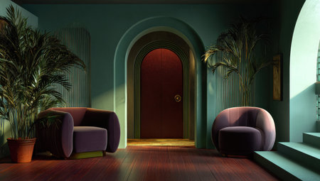 A stylish interior features archways, accentuating the design. Two plush velvet armchairs in burgundy offer seating, while lush plants add natural elements. The scene is illuminated by soft lighting, highlighting the rich textures and colors. This image is suitable for various commercial uses, including decor, design, and lifestyle projects.の素材