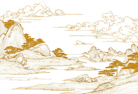 This image presents a serene landscape rendered in gold lines on a white background, featuring rolling hills, stylized trees, and puffy clouds. The artwork uses a minimalist style with flowing lines and a harmonious composition. It can be suitable for various uses, including design, decoration, and editorial content.の素材