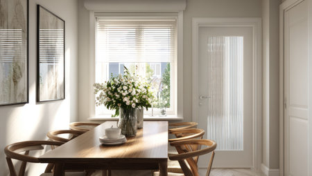 This interior photograph presents a dining room scene featuring a wooden table surrounded by chairs. A vase of white flowers sits in the center, illuminated by sunlight streaming through a window. The setting appears bright, suggesting a day scene with a focus on design and decor. Suitable for architectural, lifestyle, and design-related visual content.の素材