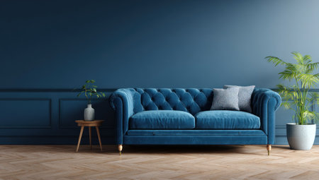A plush, blue sofa dominates the scene, set against a dark blue textured wall. A small wooden table with a vase and a potted plant are to the left, and a larger potted plant is positioned to the right. The composition employs a balanced arrangement and evokes a sense of calm suitable for various commercial or decorative applications.の素材