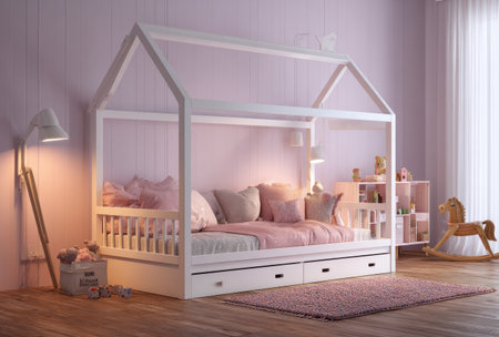 A cozy bedroom interior showcases a house-shaped bed in soft pastel colors. The scene features a wooden bed frame, pillows, and blankets. The room's composition includes warm lighting, suggesting a comfortable environment. Suitable for interior design, lifestyle, and home decor content, this image offers commercial and editorial uses.の素材